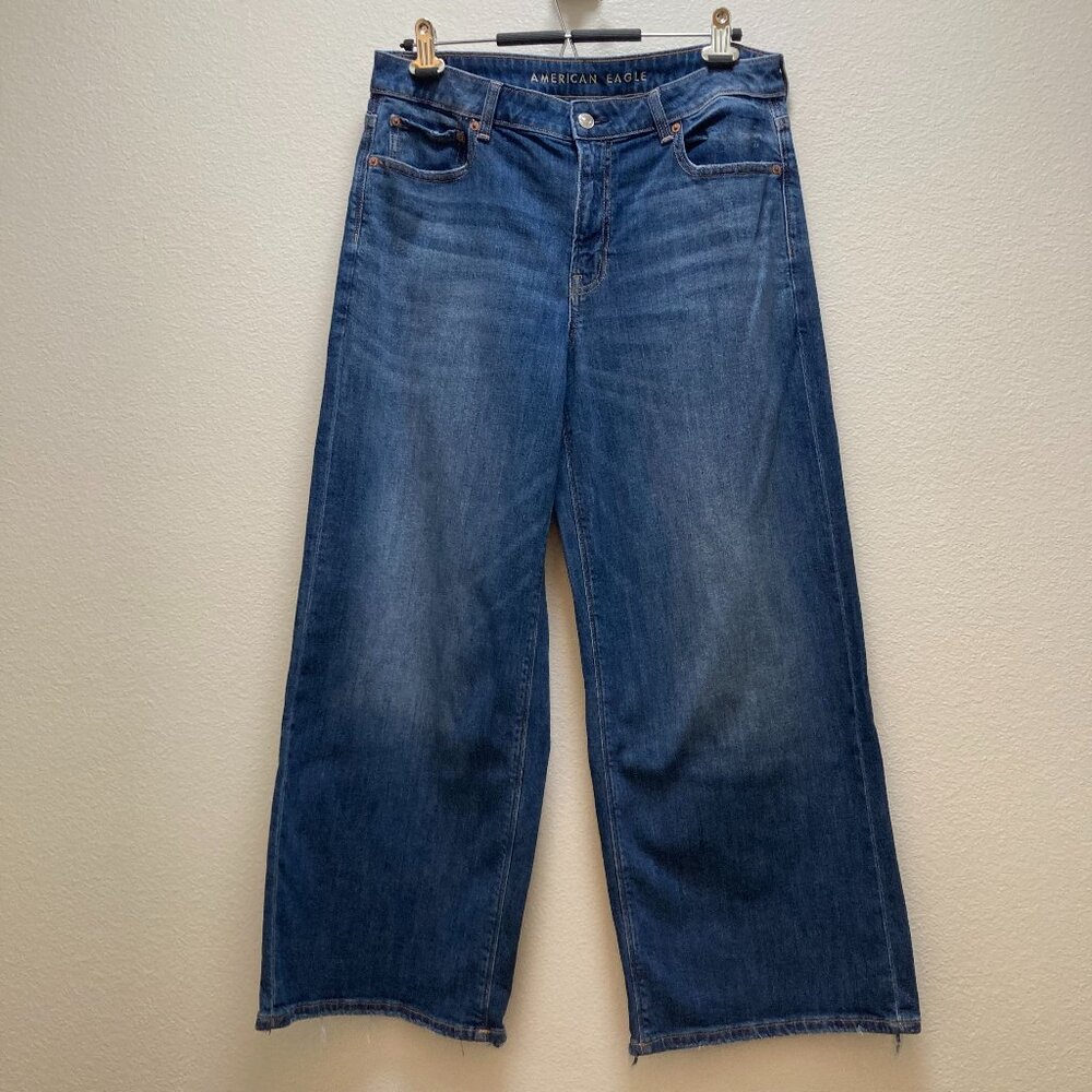 American Eagle Low-rise baggy wide leg size 10 short, raw back hem strech women